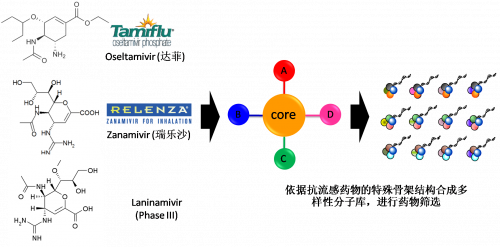 图2：以现有抗流感药物的结构为基。。。。。，，，举行多样性药物分子库的合成。。。。。